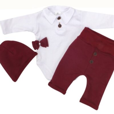 Z&Z 4-dielna súpravička body, tepláčky, čiapočka a motýlik, biela/bordó, veľ. 80