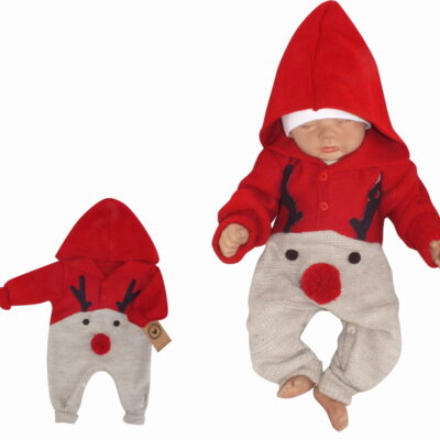Z&Z Detský pletený Vianočný overálek s kapucňou a gombíkmi Baby Sob, červený