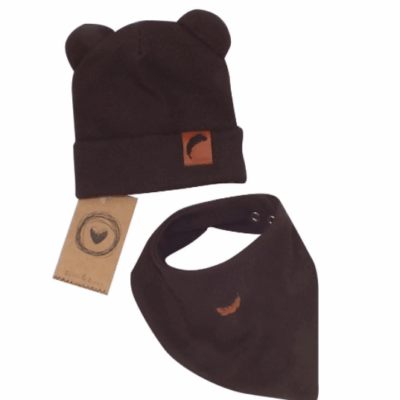 Z & Z Dvojvrstvová rebrovaná čiapočka s uškami + šatka, čokoládová