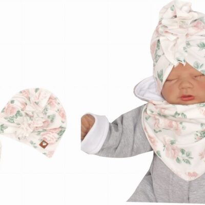 Z&Z Štýlová detská jarná / jesenná bavlnená čiapka, turban s šatkou, kvietky