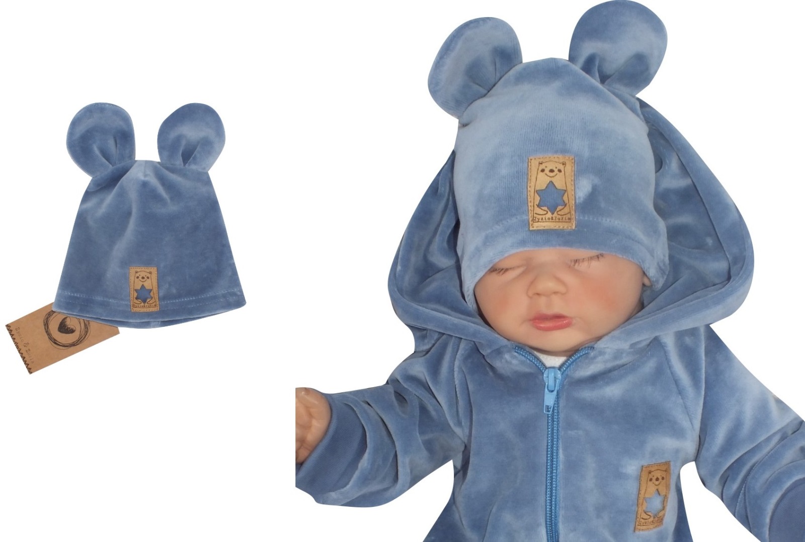 Z&Z Velúrová, semišková čiapočka s uškami, modrá, 80/86