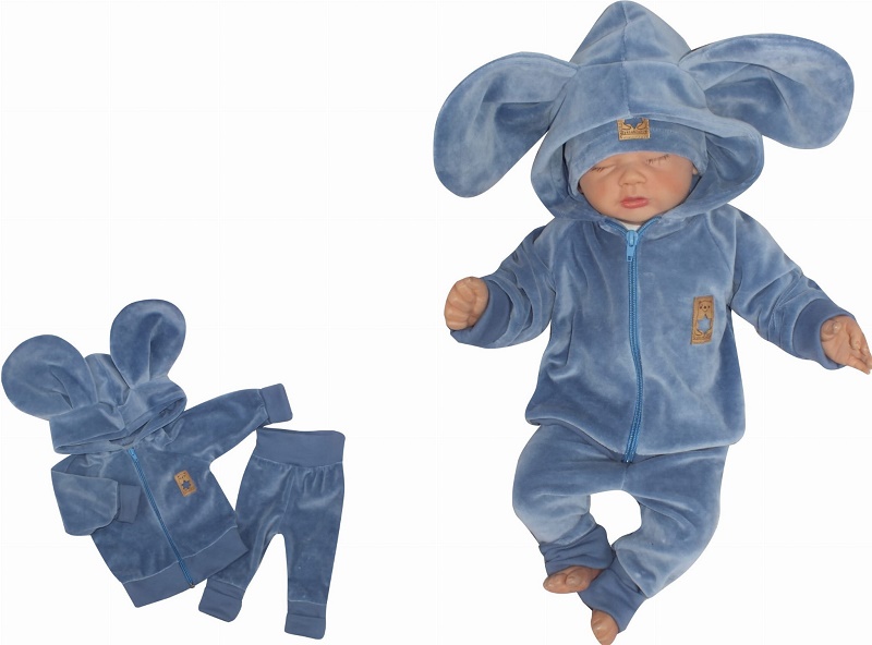 Z&Z Velúrová, semišková tepláková súprava s uškami MYŠKA - jeans, veľ. 86