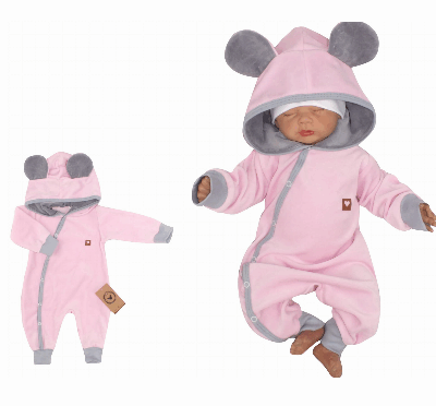 Z&Z Velúrový dojčenský overal s kapucňou a uškami - růžovo,šedý, veľ. 62