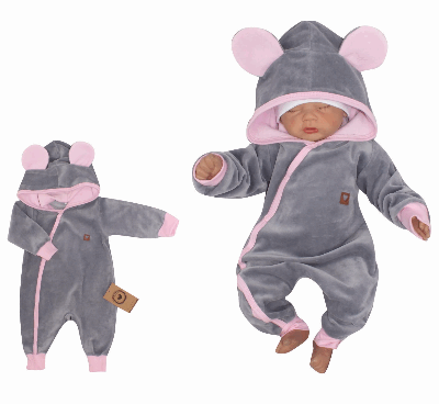 Z&Z Velúrový dojčenský overal s kapucňou a uškami - šedo,růžový, veľ. 68