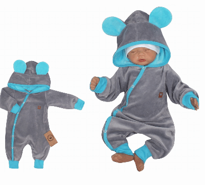 Z&Z Velúrový dojčenský overal s kapucňou a uškami - tyrkysovo, šedý