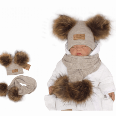 Z & Z Zimná čiapka s brmbolcami z kožušinky s šálou 2V1, béžová, veł. 86