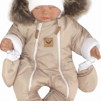 Z&Z Zimná kombinéza s dvojitým zipsom, kapucňou a kožušinou + rukavičky, Angel - béžový