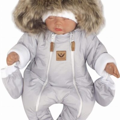 Z&Z Zimná kombinéza s dvojitým zipsom, kapucňou a kožušinou + rukavičky, Angel - sivý, 80