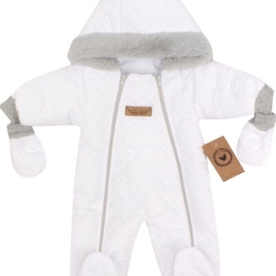 Z&Z Zimná prešívaná kombinéza s kožušinou a kapucňou + rukavičky - biela