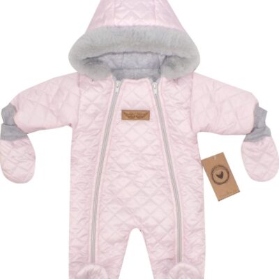Z&Z Zimná prešívaná kombinéza s kožušinou a kapucňou + rukavičky - sv.ružová, veľ. 74