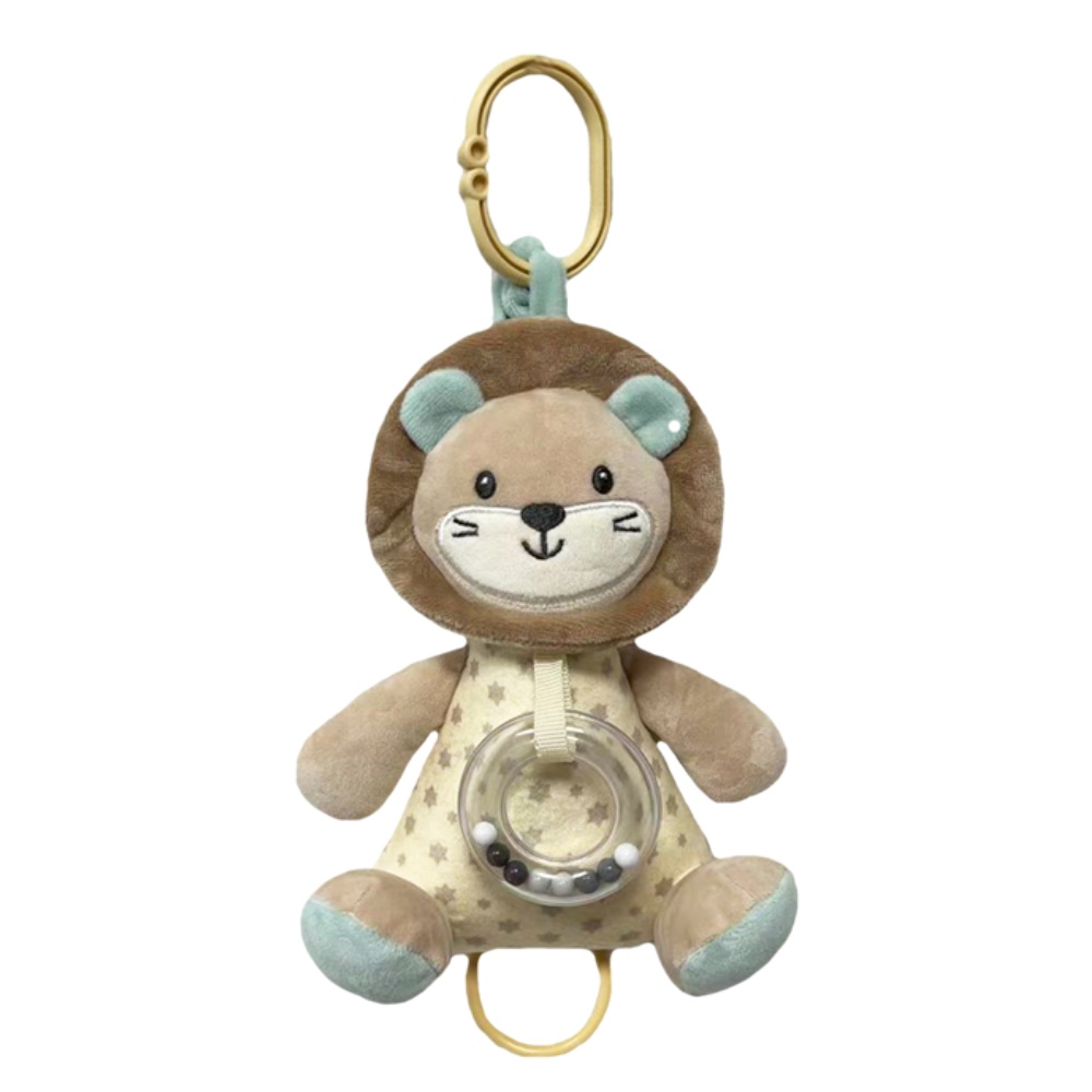 Závesná plyšová hračka s melódiou a hrkálkou Lev, 18 cm - béžová