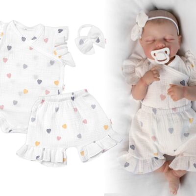 Zavinovacie body, kraťasky + čelenka, mušelín, Srdiečko, Baby Nellys, smotanové, veľ. 86