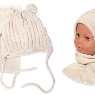 Zimná čiapka na zaväzovanie s brmbolcami + šál, Baby Nellys - béžová, vel. 74/80