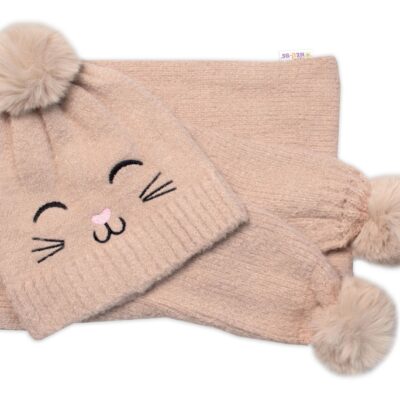 Zimná čiapka s brmbolcom + šál, Kitty, Baby Nellys - cappuccino, veľ. 54/58