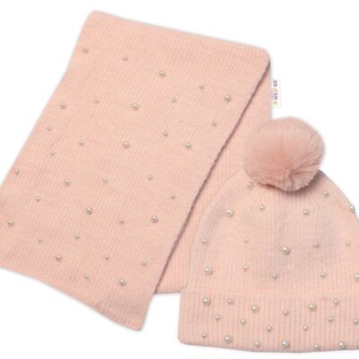 Zimná čiapka s brmbolcom + šál, Pearls, Baby Nellys - púdrovo ružová, veľ. 54/58