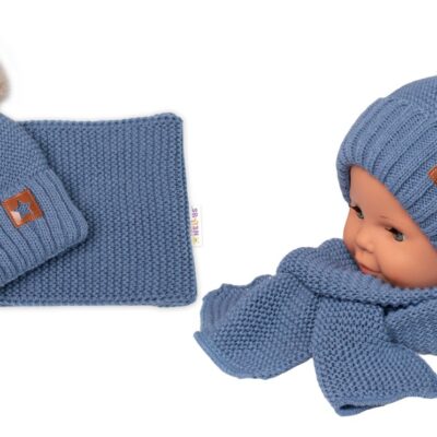 Zimná čiapka s kožušinovými brmbolcami + šál Baby Nellys Star - modrá, 6/24 mesiacov