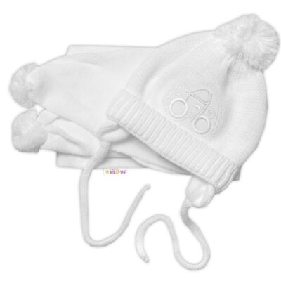 Baby Nellys: Zimná čiapka so šálom Autíčko (biela, 0-6m)