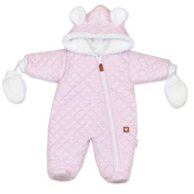 Zimná prešívaná kombinéza s chlpáčkovou podšívkou + rukavičky, Love, ružová, veľ. 74